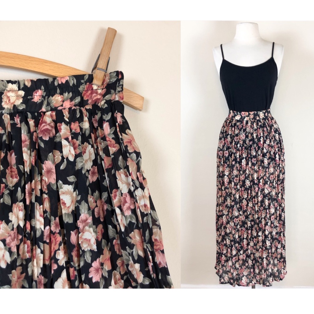 vintage 90s sheer floral maxi skirt black india festival grunge boho hippie